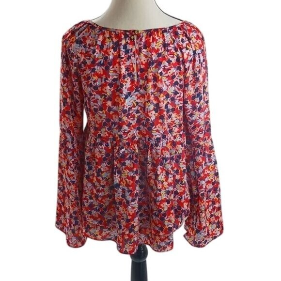 Copper Key Womens Size S Blouse Red Multicolor Floral Long Sleeve Boho Peasant - Picture 5 of 7
